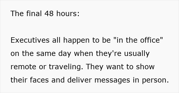 Text describing subtle red flags showing your job is not safe as executives appear in office unexpectedly to deliver messages. Text describing subtle red flags showing your job is not safe as executives appear in office unexpectedly to deliver messages.
