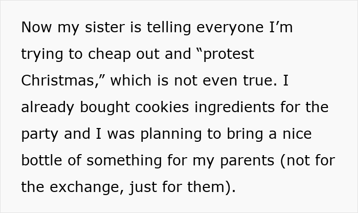 Text message about family Secret Santa drama as sister turns gift exchange into a luxe shopping list causing a drop out. Text message about family Secret Santa drama as sister turns gift exchange into a luxe shopping list causing a drop out.