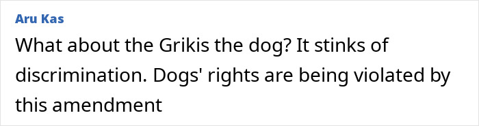 Comment expressing concern about discrimination and dogs' rights in response to a proposed Lithuanian law involving a lawmaker&rsquo;s cat consent.