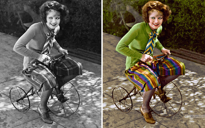 Side-by-side comparison of a black and white and a colorized old photo of a woman on a vintage bicycle by artist colorizing history.