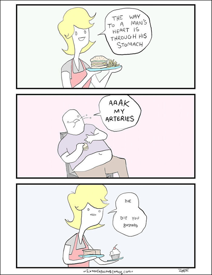 Comic strip from Extra Fabulous Comics featuring dark humor and unexpected endings with a man clutching his chest in pain.