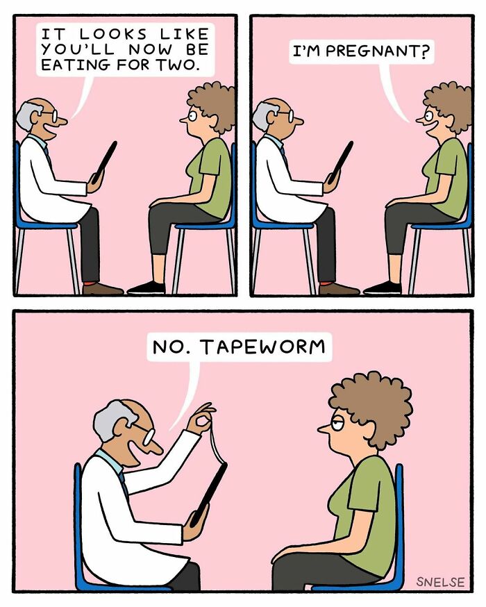 Comic illustration showing a doctor telling a woman she has a tapeworm, in humorous style by the artist.
