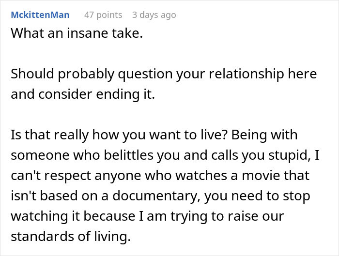 Screenshot of a Reddit comment criticizing a man shaming his girlfriend for loving fiction, calling it make-believe lowering her IQ. Screenshot of a Reddit comment criticizing a man shaming his girlfriend for loving fiction, calling it make-believe lowering her IQ.
