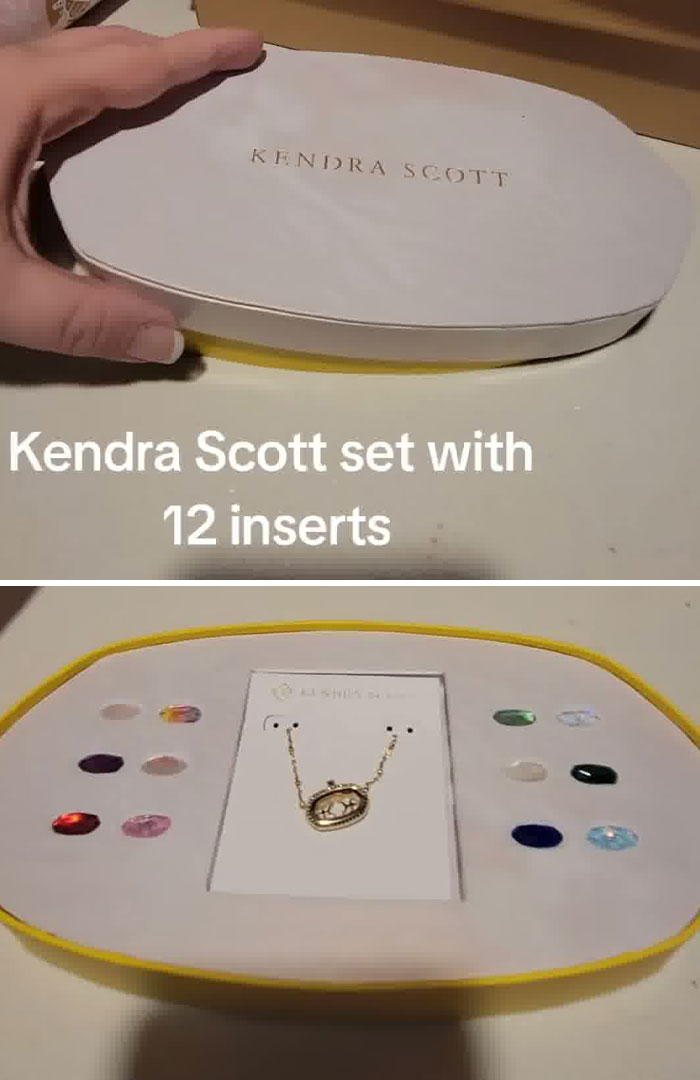 Hand holding a Kendra Scott jewelry set with 12 colorful inserts as part of a Christmas gift haul for daughter. Hand holding a Kendra Scott jewelry set with 12 colorful inserts as part of a Christmas gift haul for daughter.