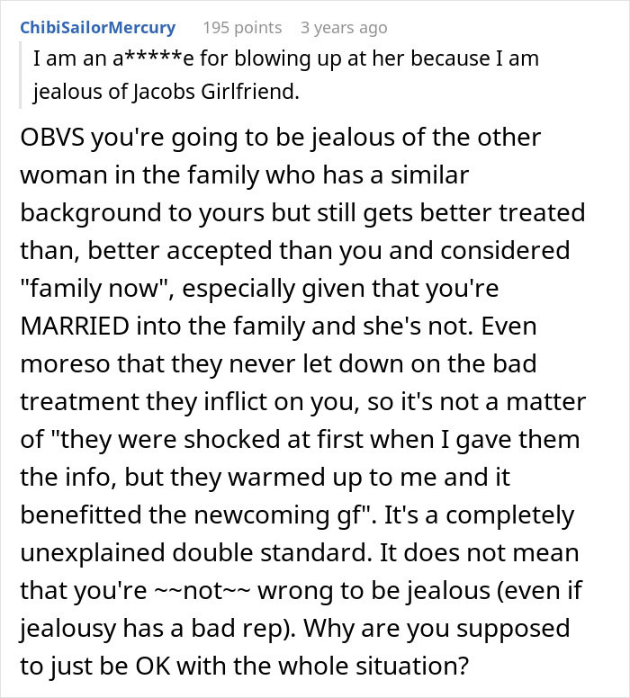 Comment discussing jealousy and family treatment issues related to repressed rage at mother-in-law conflict.