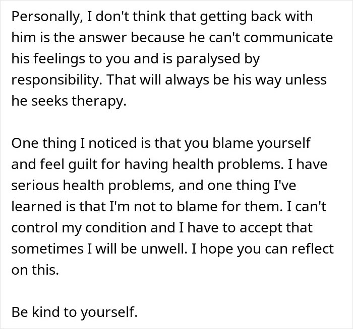 Text discussing regret after divorce and the importance of self-reflection and accepting health challenges.