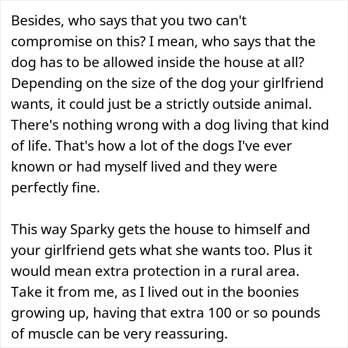 Text discussing a woman upset because her girlfriend won’t let her get a dog due to her old cat’s presence. Text discussing a woman upset because her girlfriend won’t let her get a dog due to her old cat’s presence.