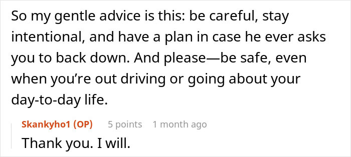 Excerpt from an online discussion about safety advice related to a woman taking a restraining order against her MIL after 29 years.