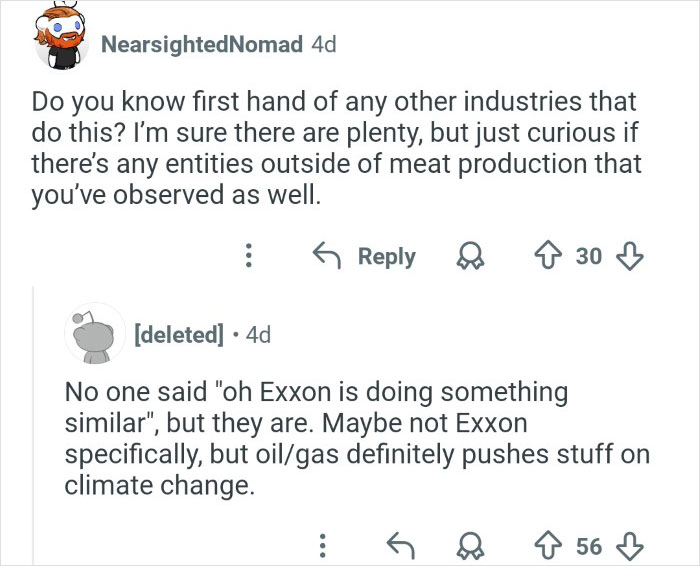 Screenshot of online discussion about meat production and climate change, related to ex-employee who discredited veganism online.