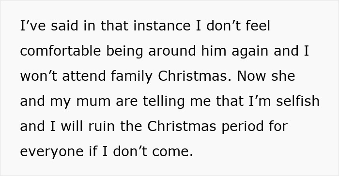 Woman upset and refusing to attend family Christmas after Christmas nanny kid bite incident causes tension.