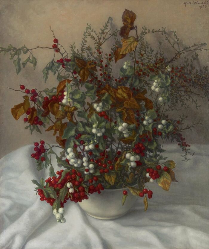 Still life painting of old berries and leaves in a vase capturing emotion and culture from the past.