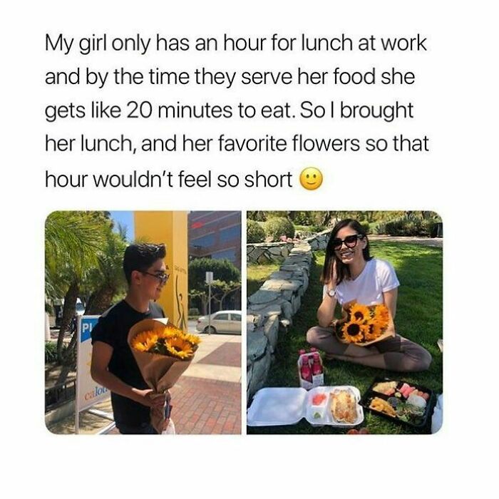 Couple sharing a sweet moment with lunch and sunflowers outdoors, capturing wholesome pics to cleanse your feed.