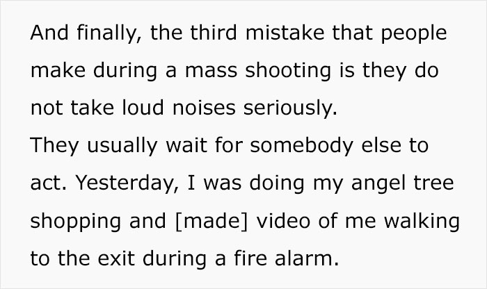 Text excerpt discussing common mistakes during mass shootings and emphasizing mass shooting survival tips related to loud noises and quick action. Text excerpt discussing common mistakes during mass shootings and emphasizing mass shooting survival tips related to loud noises and quick action.