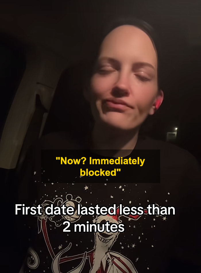 Woman on a date looks displeased, explaining how the first date lasted less than 2 minutes before leaving abruptly.