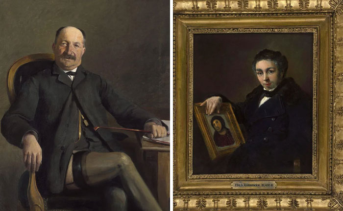 Two thrifted paintings, one a formal portrait of a man sitting, the other of a man holding a small altered artwork.
