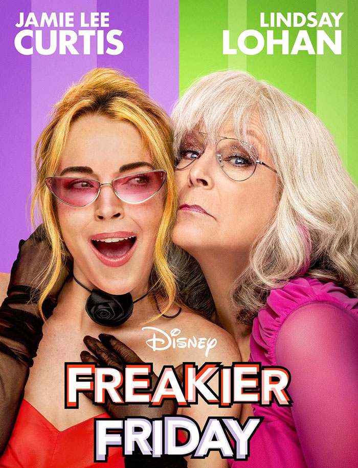 Promotional poster for Freaky Friday featuring Jamie Lee Curtis and Lindsay Lohan with bright colorful backgrounds.