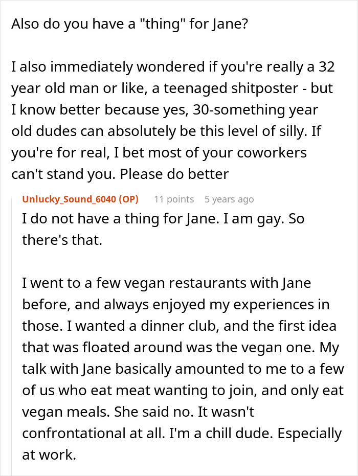 Screenshot of a Reddit conversation where an employee pushes back against a vegan-only club at work.