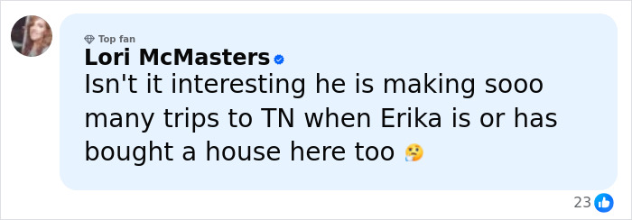 Comment from Lori McMasters mentioning JD Vance, Erika Kirk, and trips to Tennessee related to marriage speculation.