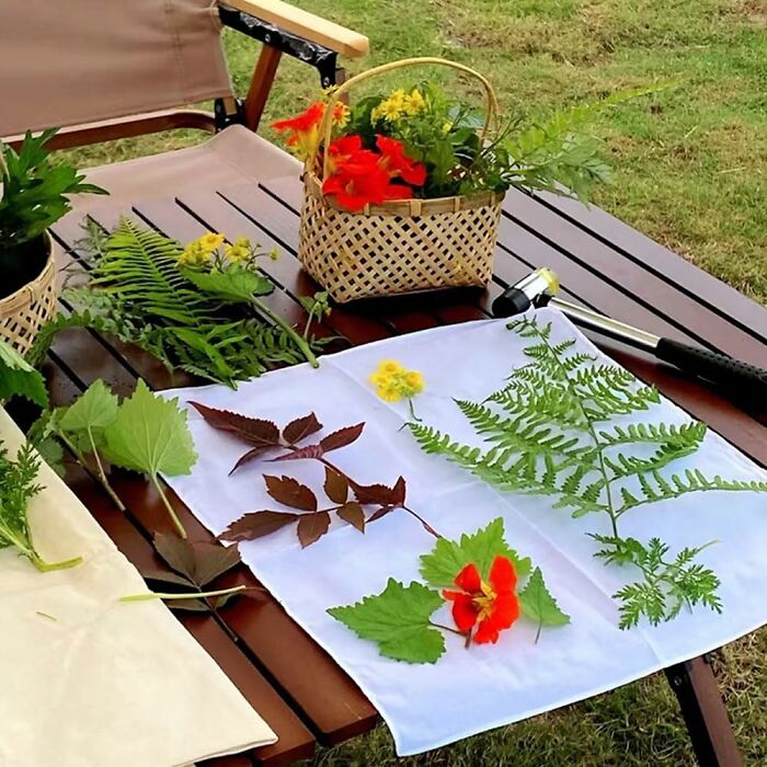 Assorted leaves and flowers displayed on a table outdoors, showcasing unique gifts from a Hobby Lobby isle.