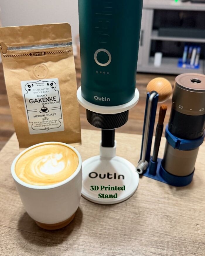 Coffee brewing kit with Outln grinder, coffee beans, and a 3D printed stand, a perfect gift for mother-in-law.