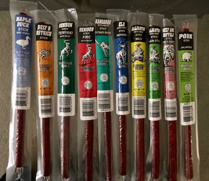 Assorted exotic meat sticks including venison, elk, alligator, and kangaroo, unique gifts to impress everyone.
