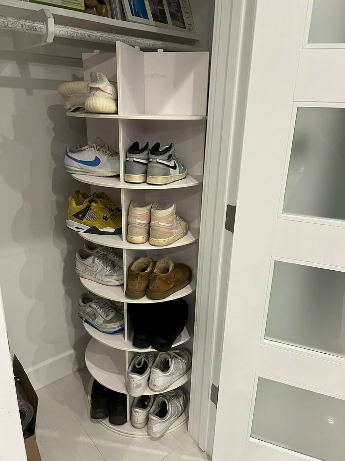The Chaotic Shoe Pile That Has Been Greeting You At Your Front Door Like A Sad, Leathery Monster Can Now Be Beautifully Tamed By This 7 Tier Rotating Shoe Rack Tower 