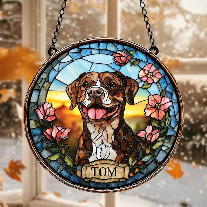 Stained glass custom gift featuring a dog portrait and flowers, perfect for Christmas decoration or presents.