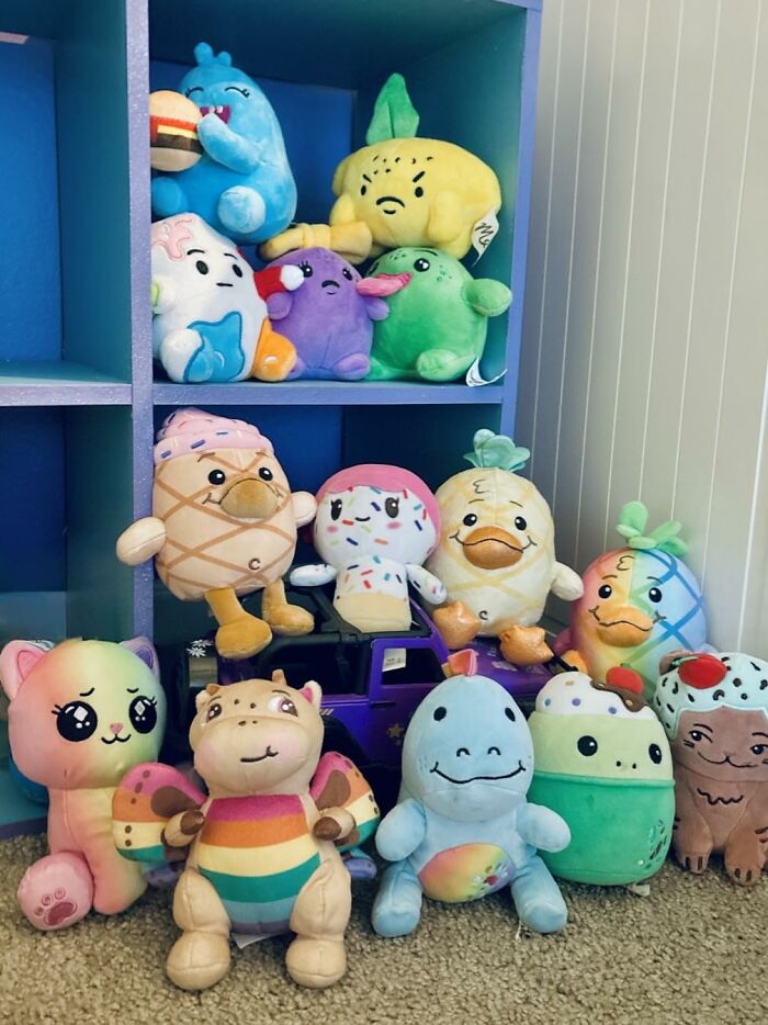 Colorful blind box plush toys arranged on shelves and floor, showcasing collectible characters for a high stakes game of chance.