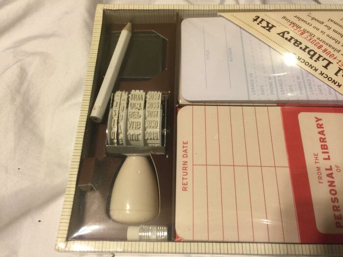 Library kit with date stamp, pencil, and return date cards, perfect gift for teachers with caffeine a*******n.