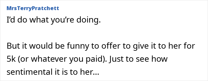 Text comment discussing offering to return a family heirloom ring for the price paid to test its sentimental value.