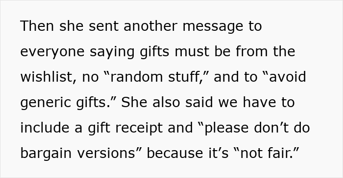 Text showing a family member demanding gifts from a wishlist with no generic or bargain versions for Secret Santa. Text showing a family member demanding gifts from a wishlist with no generic or bargain versions for Secret Santa.