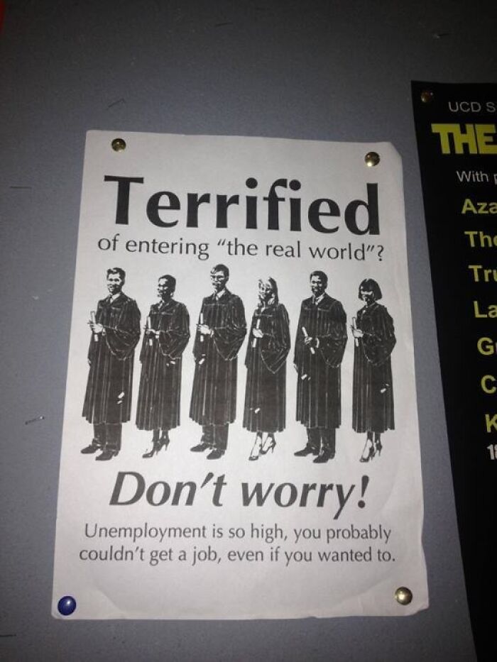 Funny poster showing graduates with a humorous message about high unemployment featured in random pics that make you laugh.