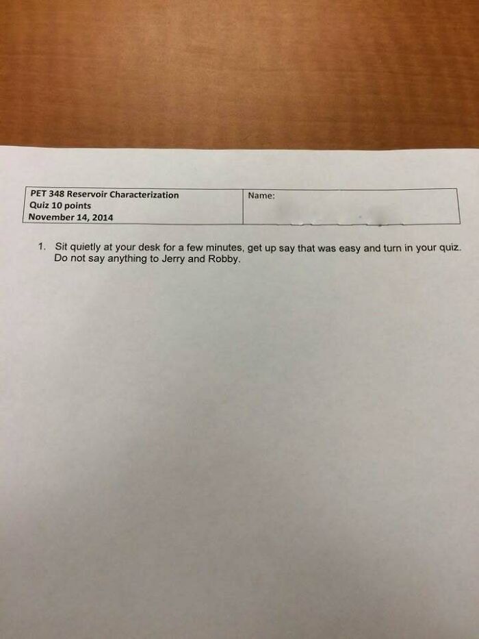 Quiz paper with a funny instruction to sit quietly, say it was easy, and turn in the quiz without speaking to others.