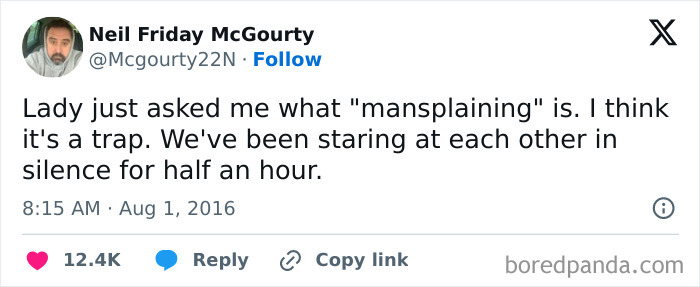 Screenshot of a chaotic non-political tweet about mansplaining, shown on a social media platform with user details.