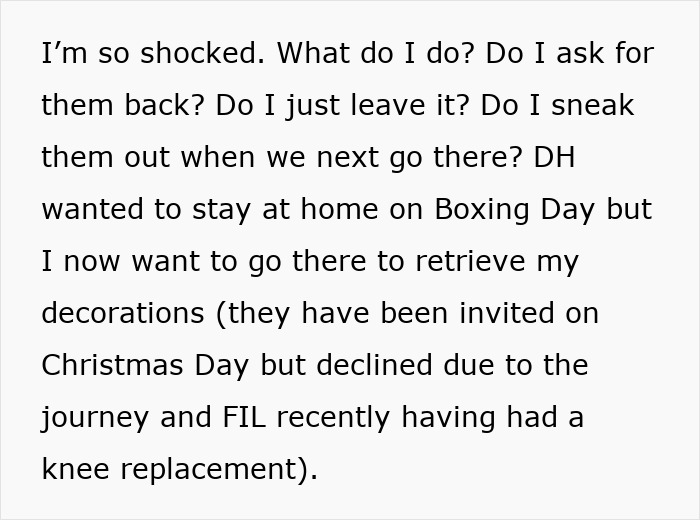 Text expressing shock and uncertainty about asking for sentimental Christmas ornaments back from mother-in-law’s tree. Text expressing shock and uncertainty about asking for sentimental Christmas ornaments back from mother-in-law’s tree.