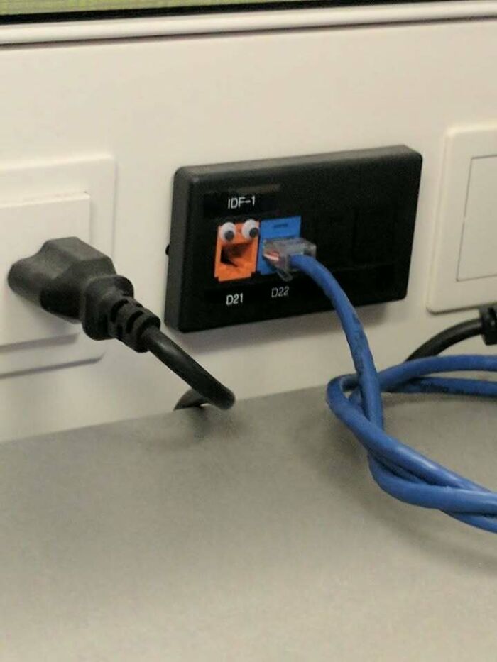 Network port with googly eyes sticker creates a funny random pic that makes you laugh before you know why.