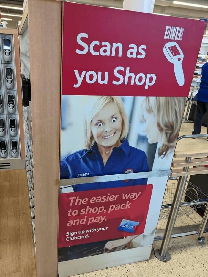 Store sign promoting scan as you shop with a person whose eyes are edited for a random pic that makes you laugh.
