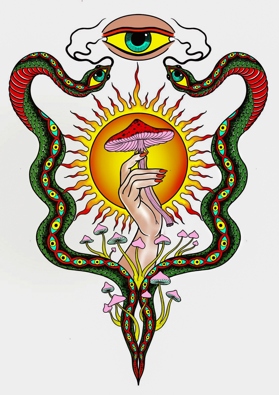 Psychedelic tattoo design featuring a hand holding a mushroom, two green snakes with eyes, and a glowing sun with an eye above.