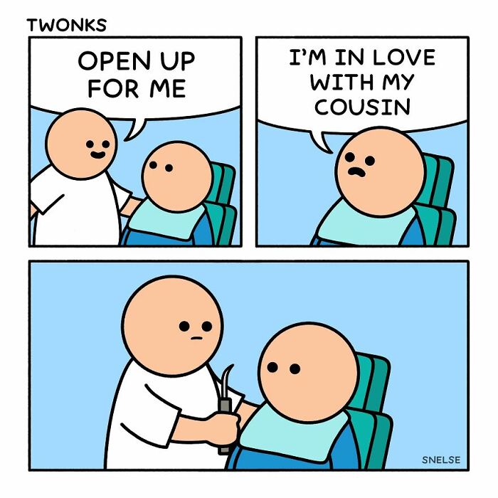 Funny comic illustration showing a character nervously confessing love to cousin in a simple cartoon style.