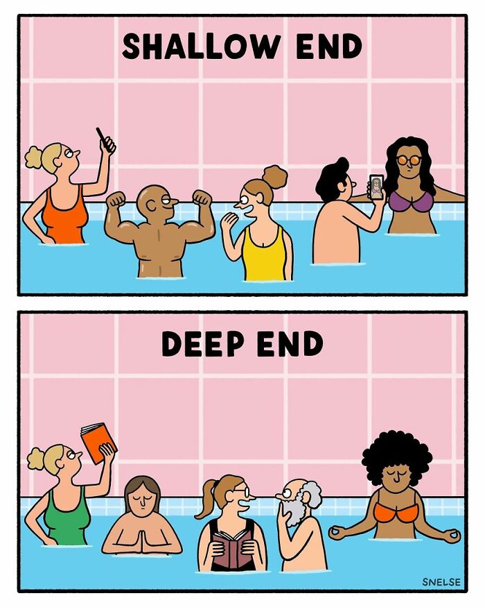 Illustration comic showing people in a pool at shallow end flexing and deep end meditating, humorous artwork.