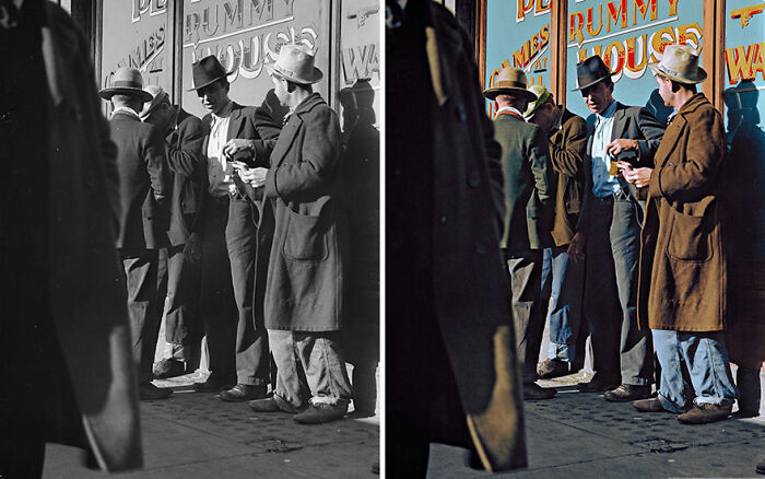 Side-by-side comparison of old photo colorized by artist showing men in hats and coats gathered outside a building.