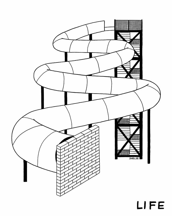 Illustration of a twisted slide blocked by a brick wall symbolizing challenges in life, from a comic artist’s humorous series.