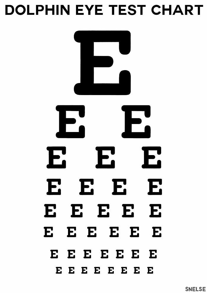 Illustration of a dolphin eye test chart featuring rows of the letter E in decreasing size for comic effect.