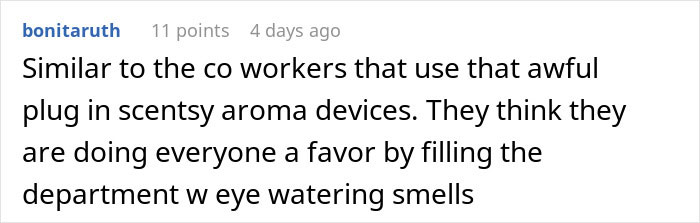 Comment about coworkers using scent devices, comparing to a man blasting Christmas music in the office causing frustration. Comment about coworkers using scent devices, comparing to a man blasting Christmas music in the office causing frustration.