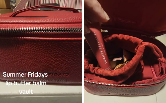 Red Summer Fridays lip butter balm vault shown open and closed as part of Christmas gift haul for daughter backlash. Red Summer Fridays lip butter balm vault shown open and closed as part of Christmas gift haul for daughter backlash.