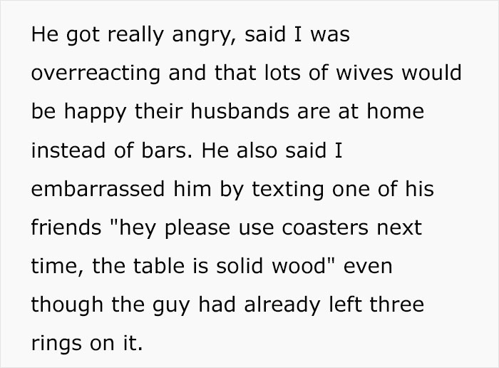 Text excerpt showing a woman shutting down boys&rsquo; nights at their house after friends damage the wood table.
