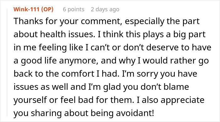 Commenter reflecting on health issues and regret, expressing feelings of undeserving a good life after divorce regret.