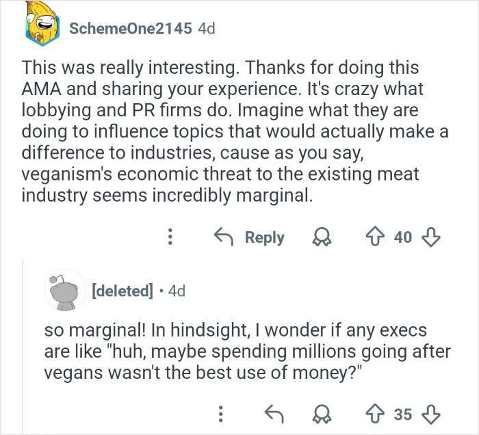 Online discussion highlighting an ex-employee revealing insights about discrediting veganism and its industry impact.