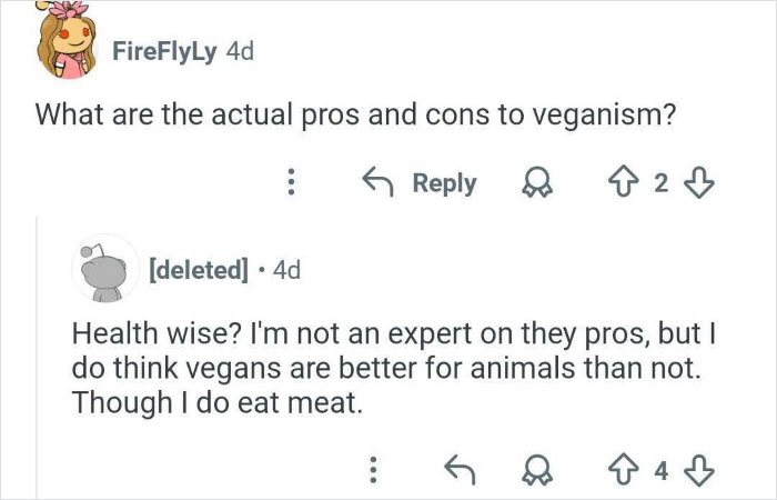 Online discussion showing an ex-employee sharing insights about pros and cons of veganism.