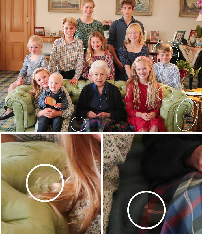 Group photo of celebrities with bizarre details circled, highlighting unusual elements noticed in celebrity photos.